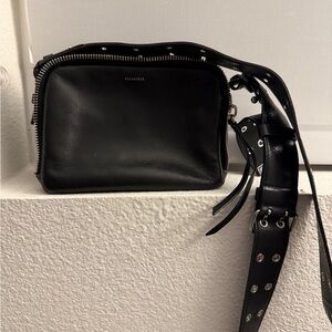 AllSaints Black leather convertible camera bag with eyelet strap
